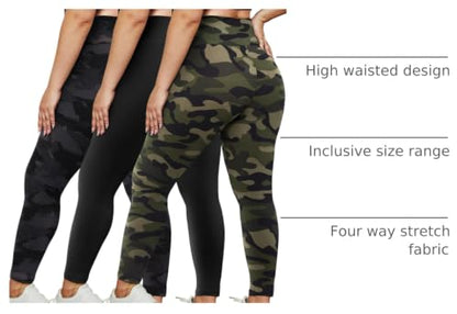 HLTPRO 3 Pack Plus Size Leggings for Women, High-Waisted and Stretchy - color: Black/ Green Camouflage/ Splinter, size: 3X-Large Plus