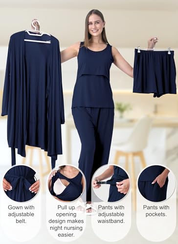 Rnxrbb 4PCS Year-Round Nursing Pajamas Robe Set Postpartum Breastfeeding Pj - color: Navy, size: Large
