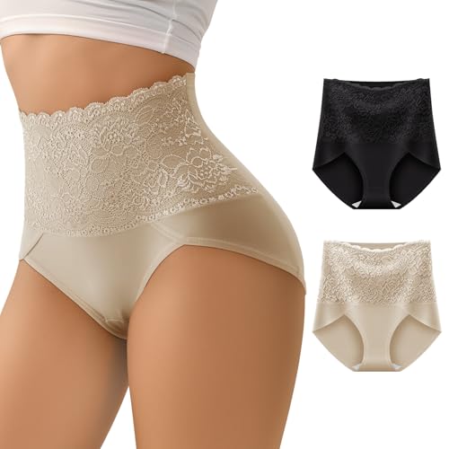 Women Tummy Control Underwear,High Waisted Lace Panties, High Cut Silky Soft Ladies Postpartum Brief Multipack - color: 2pcs(black+nude), size: Large