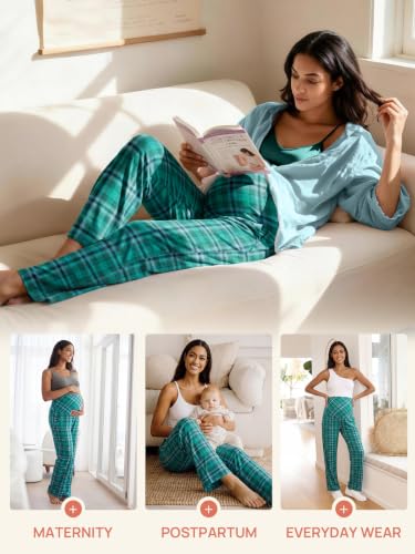 Summer Mae Viscose Maternity Pants Pregnancy Pajama Lounge Pant with Pocket - color: Green Plaid, size: Medium