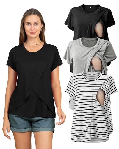 Rnxrbb 3 Pack Nursing Tops for Women Maternity Breastfeeding Shirts - color: Black&light Gray&navy Stripe, size: Medium
