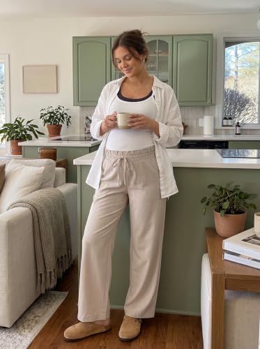 BLENCOT Maternity Pants Wide Leg High Waisted Flowy Pregnancy with Pockets - color: Jet Stream, size: Medium