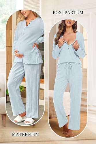 OUGES Women's Maternity Nursing Pajamas Sets Pregnancy Delivery Lounge Pjs - color: Light Blue, size: Medium