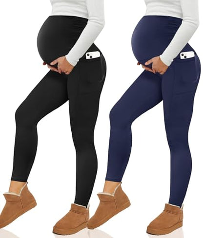 Happy.angel 2 Pack Maternity Fleece Lined Leggings with Pockets for Winter - color: Black/ Navy, size: Large