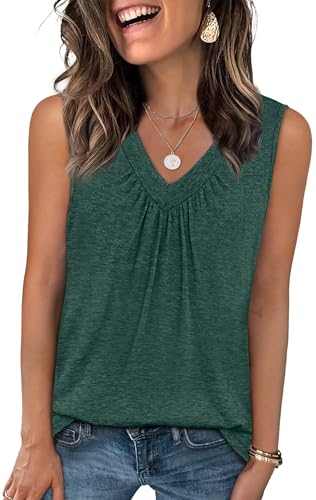 OFEEFAN Tank Top for Women Loose Fit Sleeveless Shirts V Neck Summer Clothes Ruched Women's Tees and Tanks Curved Hem - color: Green, size: Small
