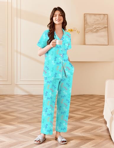 Ekouaer Women's Cotton Pajamas Set Short Sleeve Button Down Pjs with Pants - color: Butterfly, size: Medium