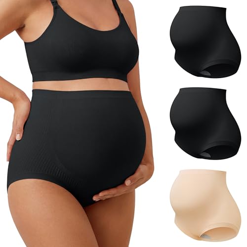 OUGES Women’s Modal 3 Pack Seamless Maternity Underwear Over Belly Stretchy High Waist Soft Pregnancy Postpartum Panties - color: Black+black+nude, size: Medium