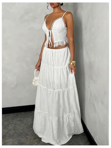 Floerns Women's 2 Piece Outfit Tie Front Camisole Top Tiered Maxi Skirt Set - color: White, size: X-Small