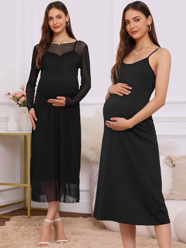 Women's Maternity Mesh Dress 2-Piece Maxi Bodycon Dress - color: Black, size: Large