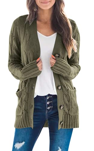 ZESICA Long Sleeve Button Down Open Front Cable Knit Cardigan Sweaters - color: Armygreen, size: XX-Large