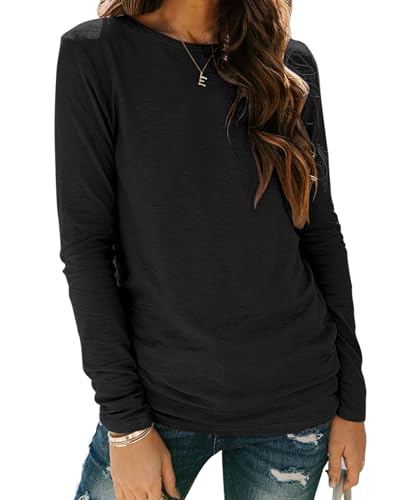 Sherosa Womens T-Shirts Long Sleeve Crew Neck Shirts Basic Tee Tops Blouse - color: A Black, size: Small