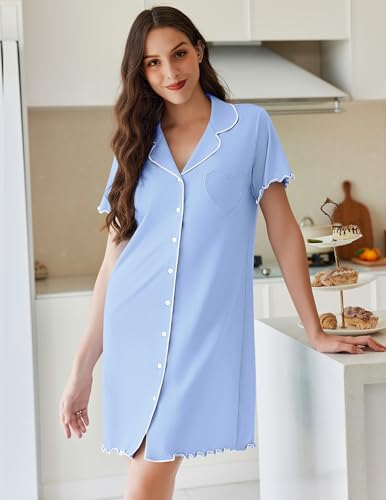 Ekouaer Cotton Nightgowns for Women Button Down Sleep Shirts Night Shirts - color: Light Blue, size: Medium