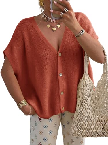 Saodimallsu Womens Fall Short Sleeve Cardigans Sweater Oversized Tops - color: Brick Red, size: Large