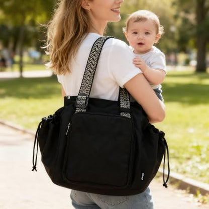 Everyday Bag Tote for Women, Spacious Diaper Bag with 16 Pockets, Durable Travel Bag, Sleek Work Shoulder Bag - color: Midnight Black