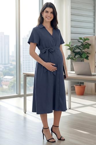 OUGES Women's Summer Maternity Dress Collar V Neck Button Down Tie Waist Casual Midi Dresses with Pockets 2026 - color: Navy, size: X-Large