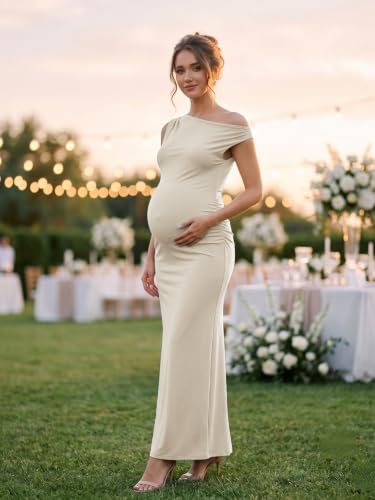guruixu One Shoulder Maternity Wedding Guest Dress, Summer Bodycon Maxi - color: Apricot, size: Large