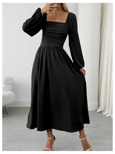 Floerns Women's Square Neck Lantern Long Sleeve Split Ruched Midi Dresses - color: Black, size: Large