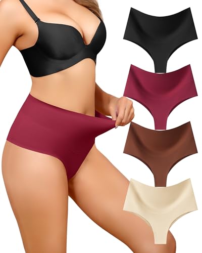 LEVAO 4-Pack Women Tummy Control Thong High Waist Seamless Underwear S-XXL - color: Black,nude,wine Red,coffee, size: XX-Large