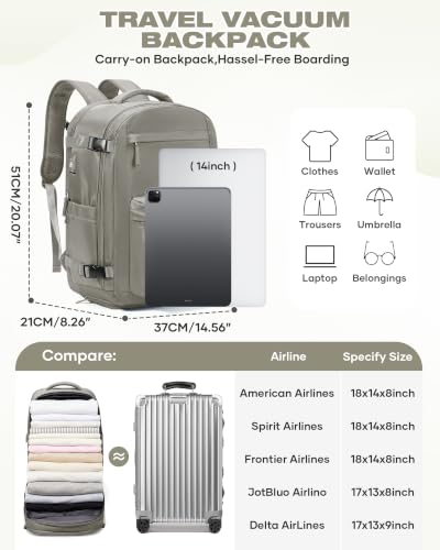 suradar Vacuum Backpack Travel with Pump,Travel Backpack with One Button Vacuum System Vacpack Sealed Compression Airbag Carry on Flight Approved Laptop Backpack Space Saver Bags Brown - color: B3-grey Brown