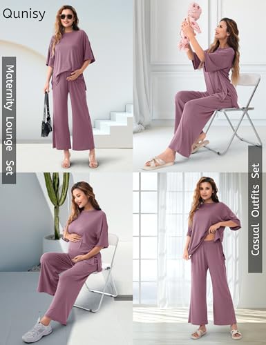 Maternity Lounge Set, 2 Piece Matching Set with Wide Leg Pants - color: Purple, size: X-Large
