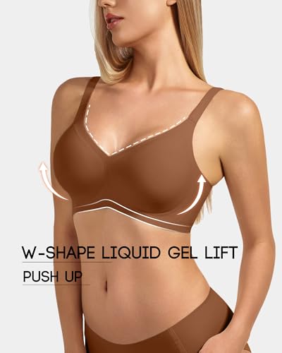 VQJ Women's Wireless Push Up Bra, Jelly Seamless Full Coverage T-Shirt Bra - color: Coffee, size: Medium
