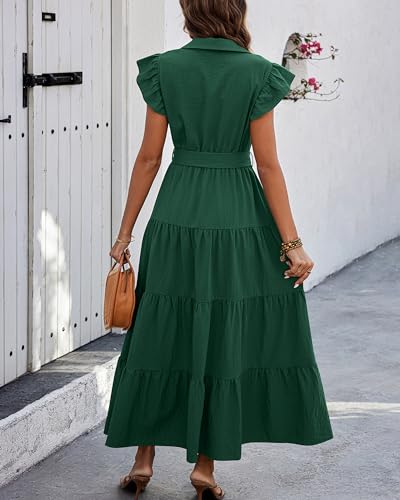 dowerme Women Ruffle Sleeve Button Belted Boho Maxi Dress - color: Dark Green, size: Small