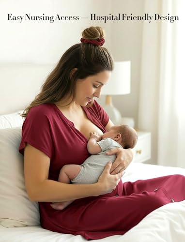 PATPAT Maternity Nursing Dress, Womens Button-Down Midi Dress with Pockets - color: Burgundy, size: Medium