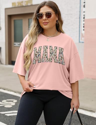 Oversized Mama Shirts for Women Camo Mama Letter Print Tshirt Mom Life Tops - color: Pink, size: Medium