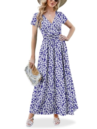 ANRILITA Women's 2026 Wrap V Neck Maxi Dress Short Sleeve Empire Waist Flowy Summer Long Dresses with Pocket Casual for Beach - color: Blue Flower, size: Large