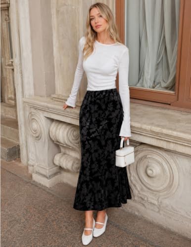 MEROKEETY Women's Fall Floral Velvet Maxi Skirt - color: Black, size: X-Large
