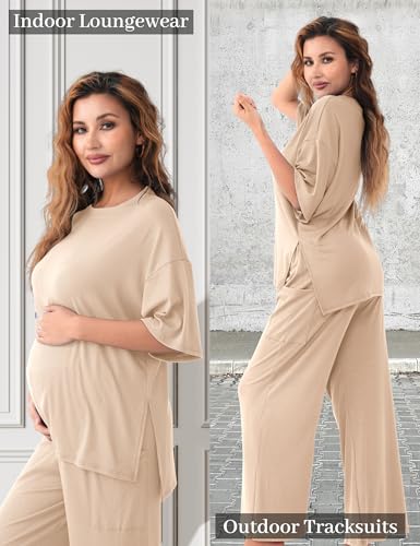 Maternity Lounge Set, 2 Piece Matching Set with Wide Leg Pants - color: Apricot, size: X-Large
