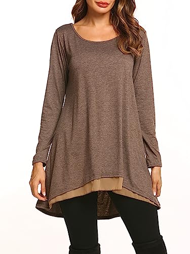 Poetsky Women's Long Sleeve Tunic Tops Layered Chiffon Hem Blouses Shirts - color: A-coffee, size: Medium