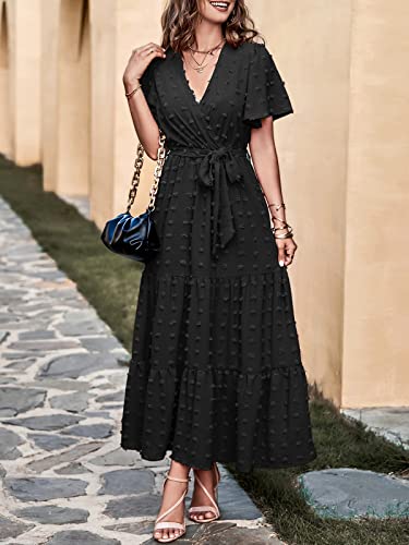 MASCOMODA Womens Summer Swiss Dot Maxi Dresses Wrap Boho Floral Long Dress - color: Black, size: Large