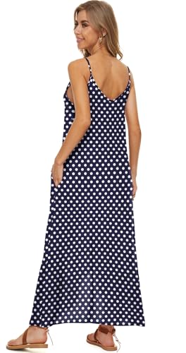 LILBETTER Women V-Neck Polka Dot Print Spaghetti Strap Boho Long Maxi Dresses - color: 02navy Blue Dot, size: Medium