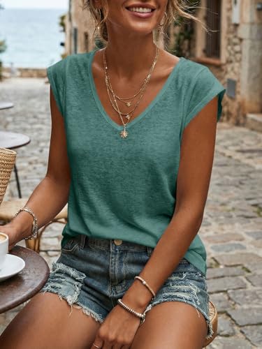 Langwyqu Womens' Cap Sleeve Tees Casual Loose Fit Basic Shirts Tank Tops - color: 00- Lake Blue, size: Small