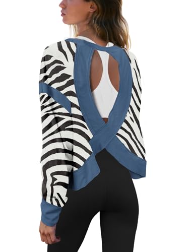 Panadila Womens Open Back Workout Tops Long Sleeve Shirts - color: Zebra Navy Combo, size: Large