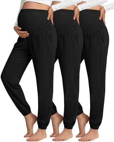 3 Pack Women's Maternity Jogger Pregnancy Sweatpants - color: Back,black,black, size: Large