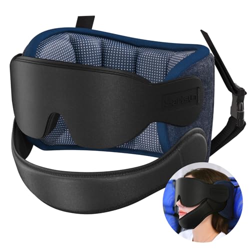 SARISUN Travel Pillow with Chin Strap, Stable Head Support for Long Flight - color: Mottled Blue