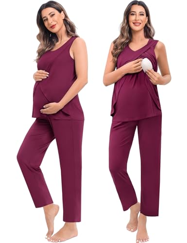 SWOMOG Maternity Nursing Robe Set 3 PCS Postpartum Breastfeeding Pajamas Hospital Pregnancy Pjs Double Layer Lounge Set - color: Burgundy, size: Medium