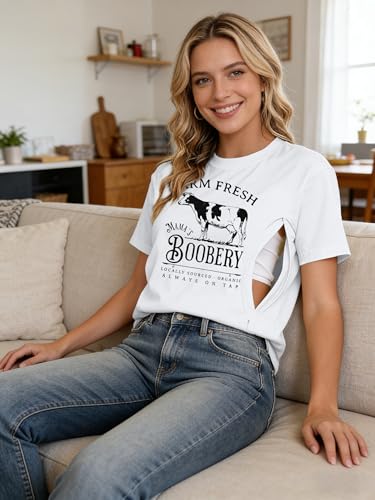 Women's Breastfeeding Shirt Zipper Nursing T-Shirt Maternity Graphic Tees - color: White a, size: Medium