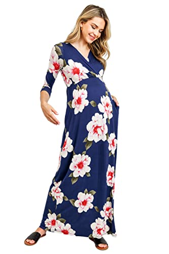 LaClef Women's Wrapped Ruched Maternity Dress with Pocket - color: Navy Flower, size: Medium