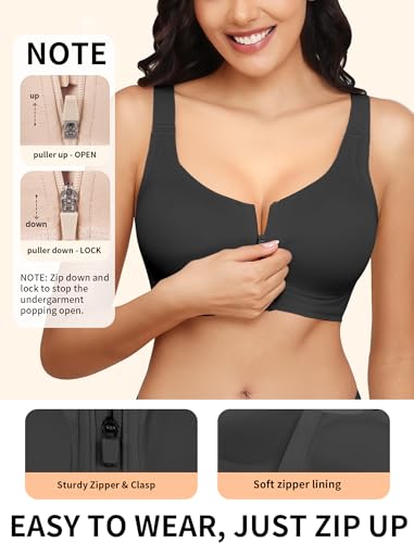 Zip Front Bra for Women Post Surgery, Mastectomy Recovery Bra | Front Closure Wireless Full Coverage - color: Black, size: XX-Large