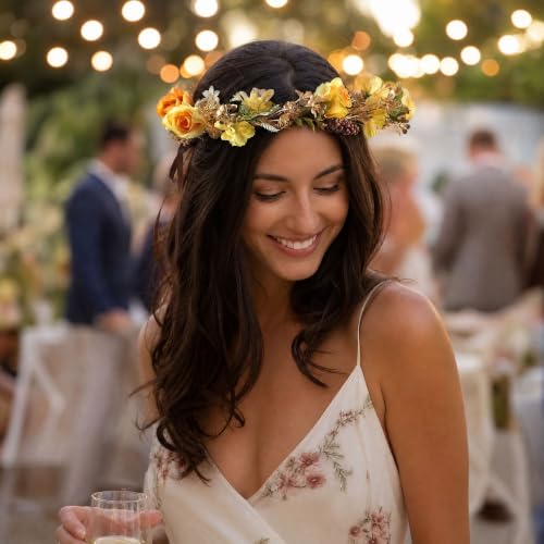 Fairy Rose Flower Crown, Autumn Yellow Flower Headband - color: Orange