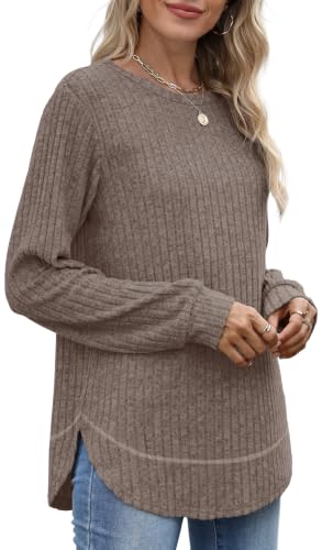 OFEEFAN Womens Sweaters Crew Neck Tunic Tops Long Sleeve Shirts Curved Hem - color: B-coffee, size: Small