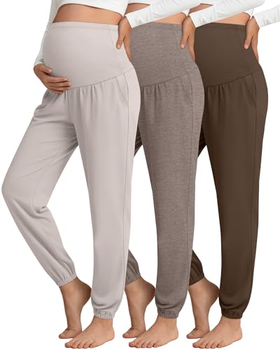 3 Pack Women's Maternity Jogger Pregnancy Sweatpants - color: Apricot, Light Coffee, Brown, size: Small