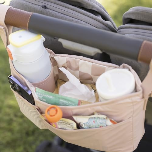 Tiny Twinkle Universal Stroller Organizer with Adjustable Strap | Waterproof Stroller Caddy Fits Baby Jogger, Nuna, Graco, Doona and Bugaboo Strollers (Beige Checkers - color: Beige Checkers, size: CLassic