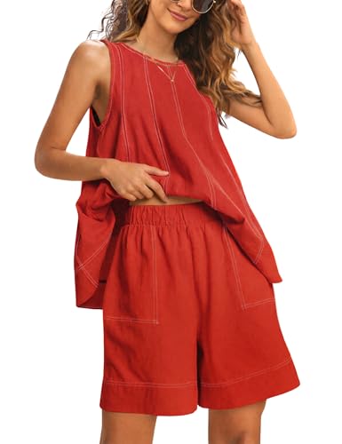 Womens 2 Piece Lounge Set Tank Top and Shorts - color: Tomato, size: Small