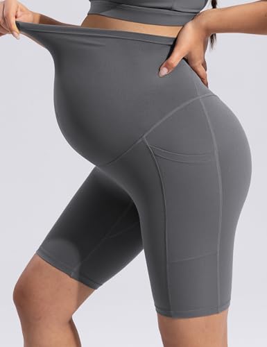 POSHDIVAH Creamluxe Maternity Biker Shorts with Pockets 6"/8" - color: Charcoal Gray, size: Small