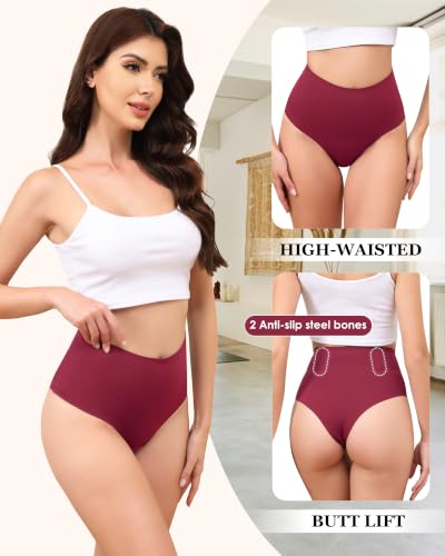 LEVAO 4-Pack Women Tummy Control Thong High Waist Seamless Underwear S-XXL - color: Black,nude,wine Red,coffee, size: Large