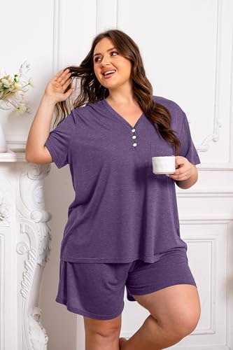 Vozanet Women's Plus Size Solid Pajama Sets Button V Neck Sleepwear Summer Shorts Nighty Soft Loungewear with Pockets - color: Bright Purple, size: 3X-Large
